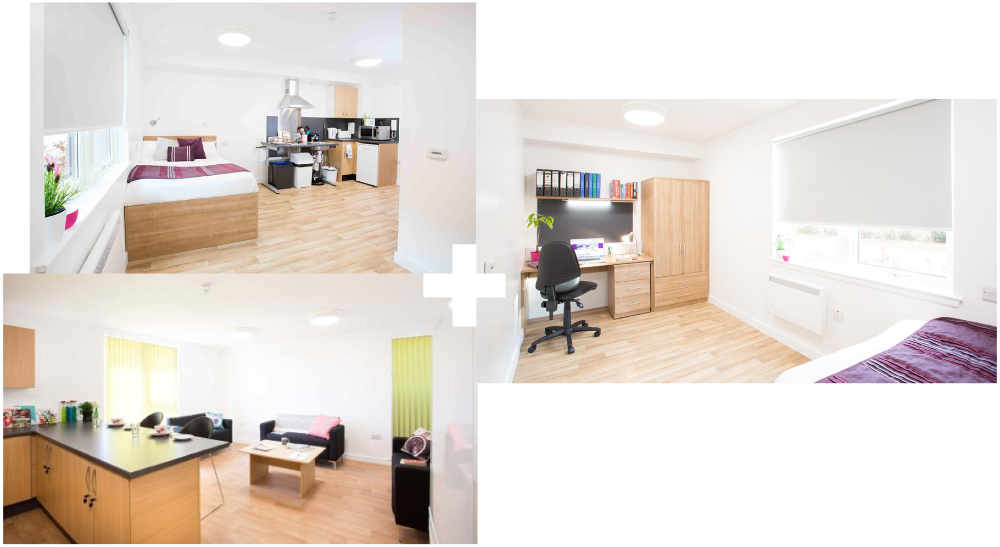 pictures of student accommodation including bedroom studio flat and communal living area