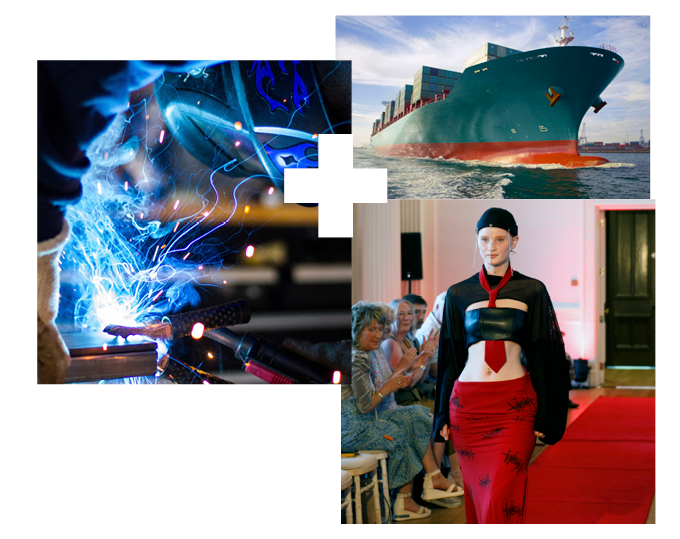 Large cargo ship | Runway model at fashion show | A person welding